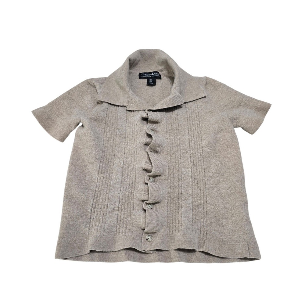 Christian‎ Lacroix Merino Wool Ruffle Front Cardigan Sweater Taupe Beige Medium